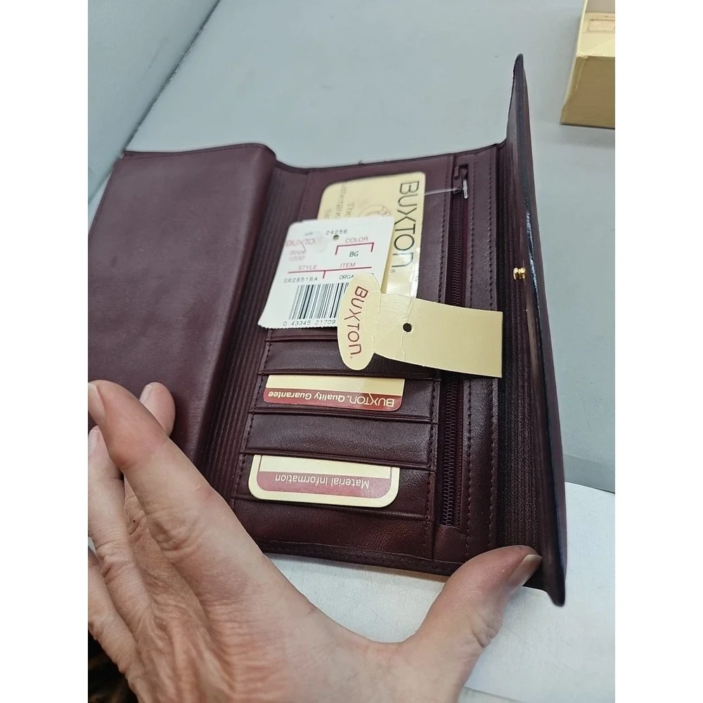 Vintage BUXTON Wallet Clutch Coin Purse Organizer Blue Leather with Box Burgundy